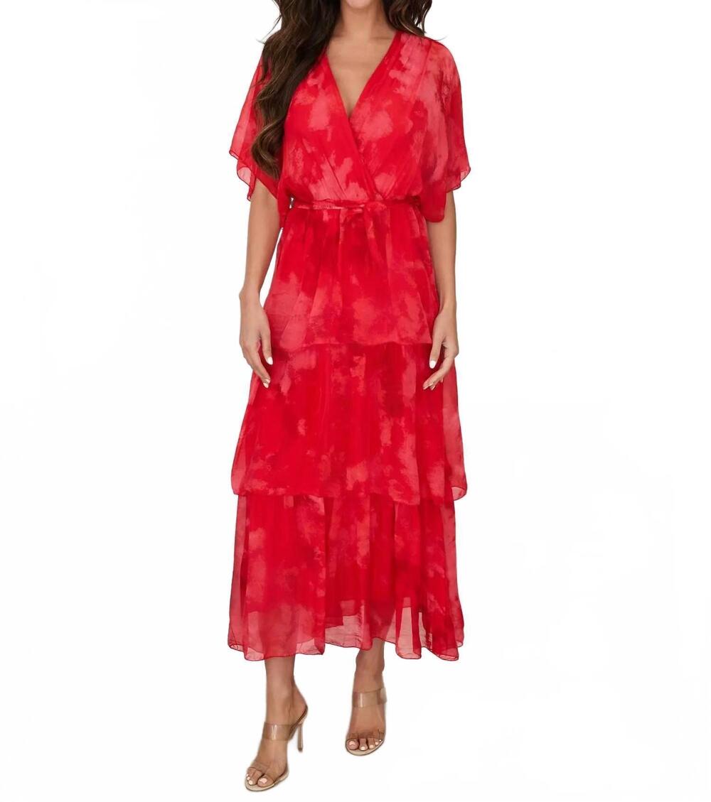 NEW MILIO MILANO splatter print empire waist tiered silk dress in red